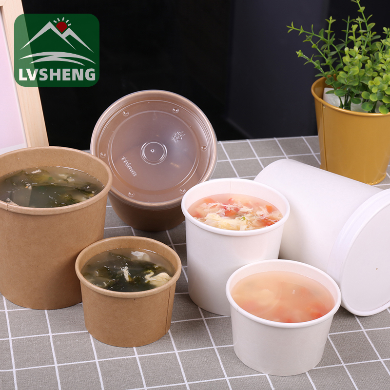 Seolann pacáistiú páipéir Lvsheng 100% Babhla Anraith Páipéar Kraft Compostable Le Lid